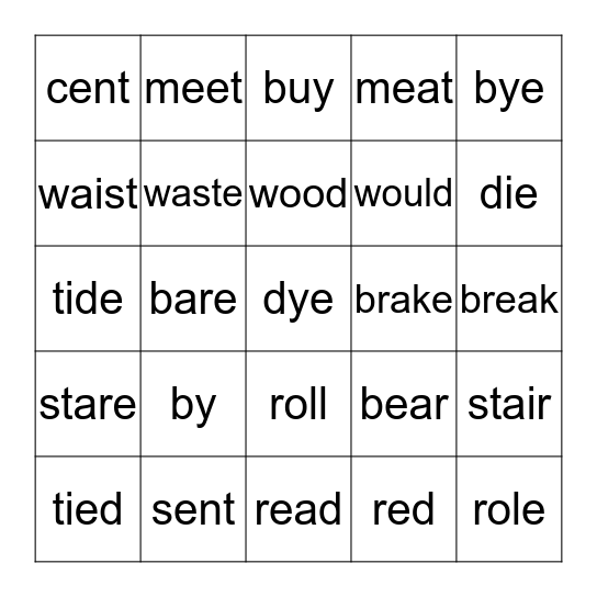 Homophones Bingo Card