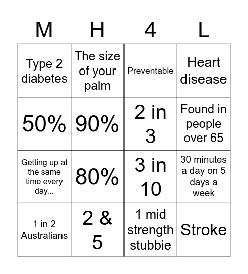 My health for life Bingo Card
