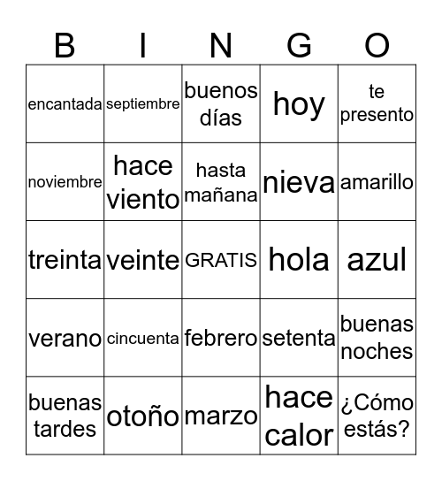 Spanish 1 Preliminary Bingo Card