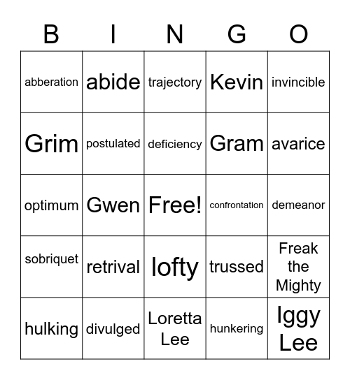 Freak the Mighty Vocabulary & Characters Bingo Card