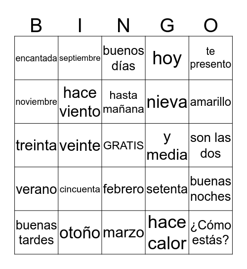 Spanish 1 Preliminary Bingo Card