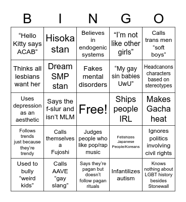 Fake LGBT Ally Teen Girl Bingo Card
