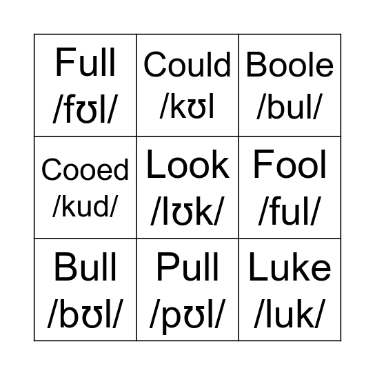 Vowels /ʊ/ y /u/ Bingo Card