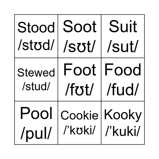 Vowels /ʊ/ y /u/ Bingo Card