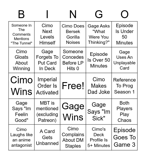 Progession Bingo Card