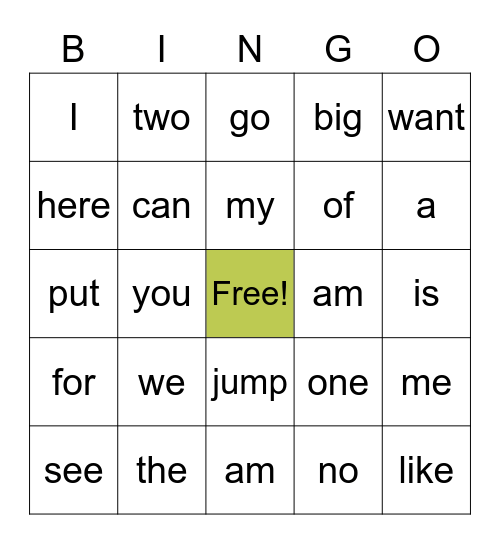 Sight word BINGO Card
