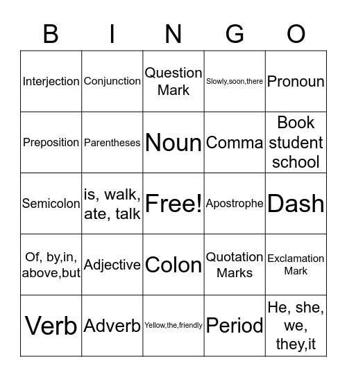 Parts of Speech/Punctuation Review Bingo Card