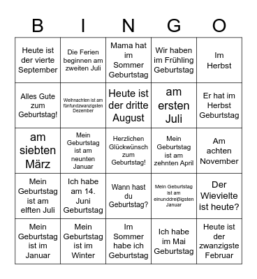 Ganz Klasse Thema 7 Bingo Card