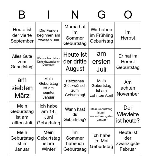 Ganz Klasse Thema 7 Bingo Card