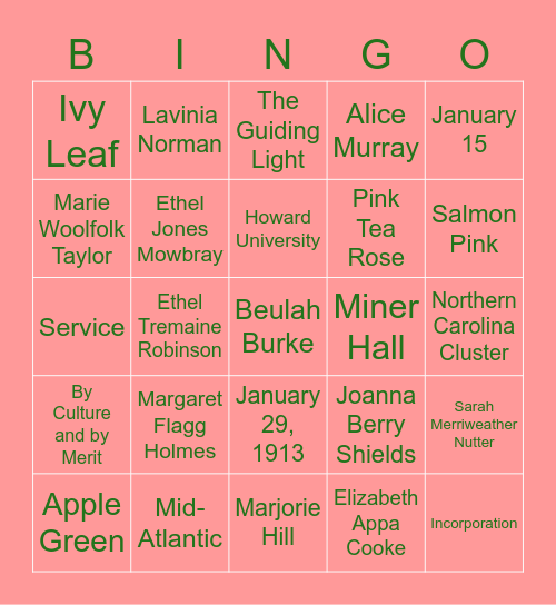 Alpha Kappa Alpha History Bingo Card