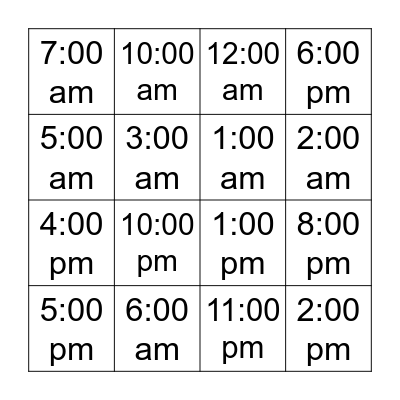 What time is it? BINGO! Bingo Card
