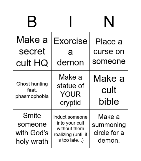 Cult Bingo Card