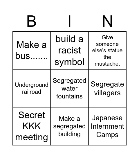 Racism Bingo Card