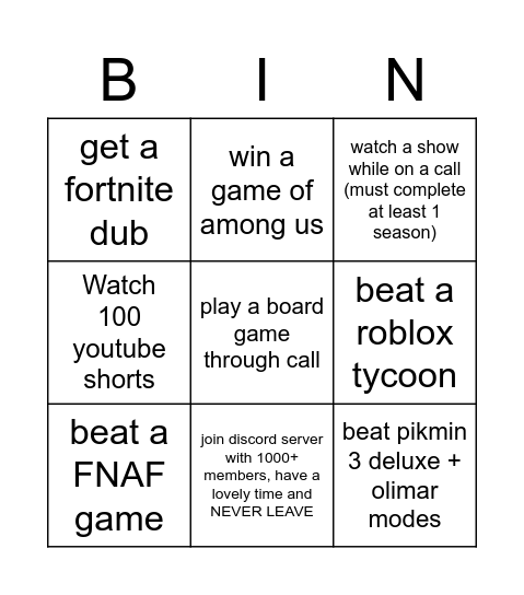 not minecraft Bingo Card