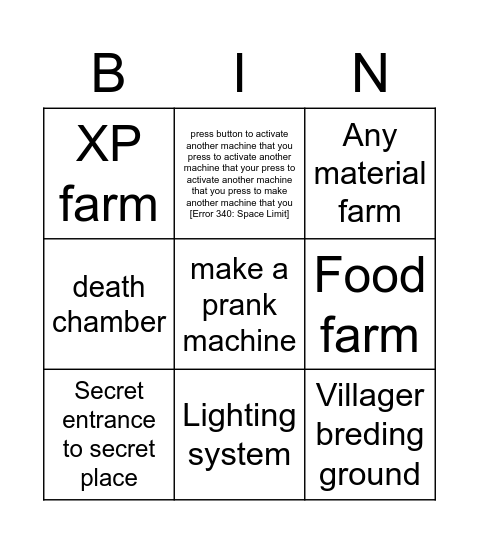 machinery Bingo Card