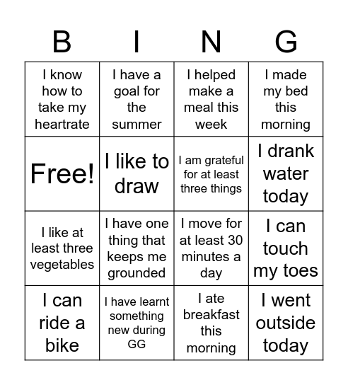 Go Girls Bingo Card