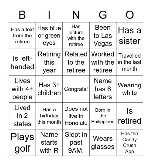 Happy Retirement! Find Someone Who... Bingo Card