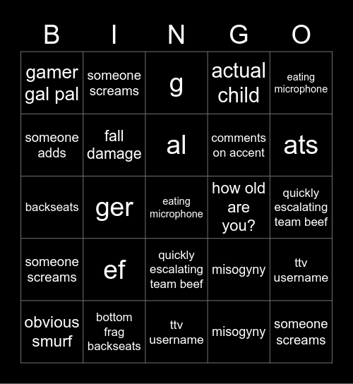 yazzybug valo bingo Card