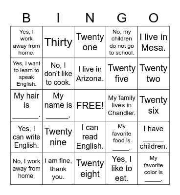 ESL Bingo Card
