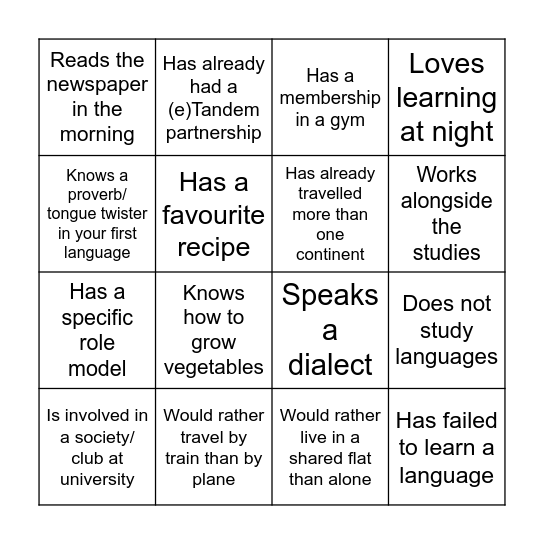 BINGO eTandem (E) Bingo Card