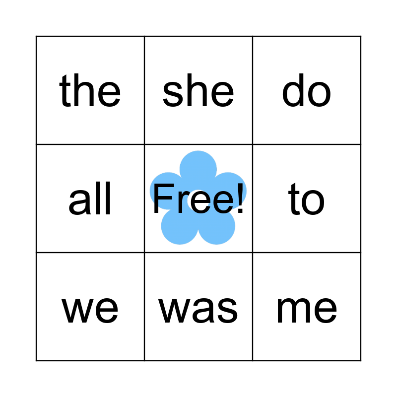 Blue Sight Words Bingo Card