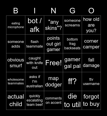yazzybug valorant bingo Card