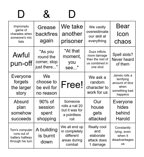 D&D bingo Card
