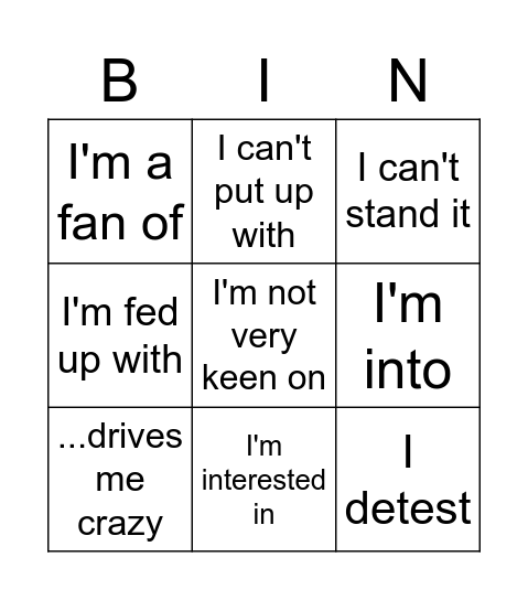 Likes and Dislikes Bingo Card