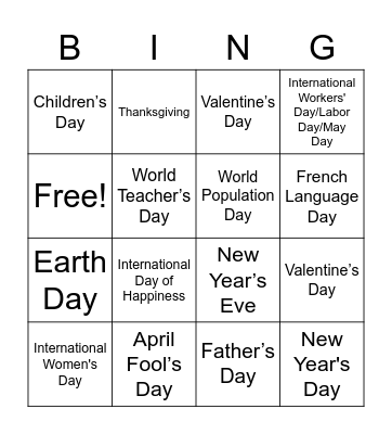 Special Days Bingo Card