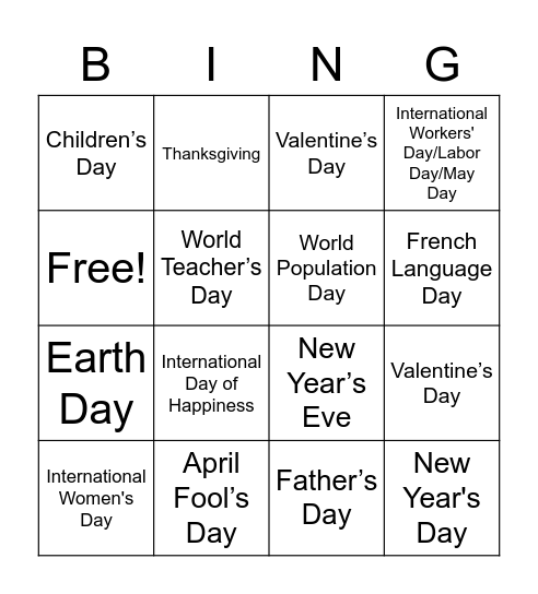 Special Days Bingo Card