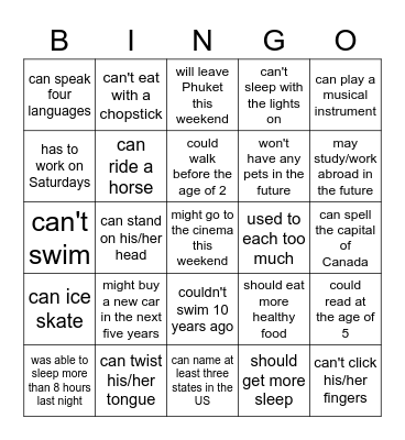 Modal Verbs Bingo! Bingo Card