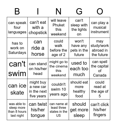 Modal Verbs Bingo! Bingo Card