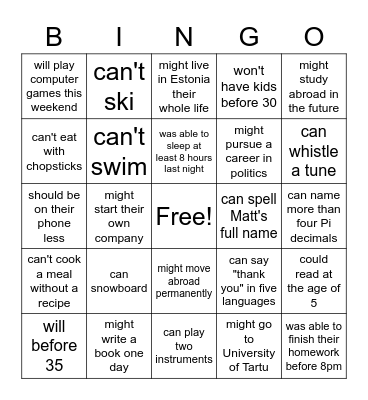 Modal Verbs: Find someone who... Bingo Card