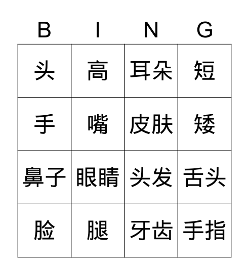 Części ciała / Parts of the body / 人体部位 réntǐ bùwèi Bingo Card