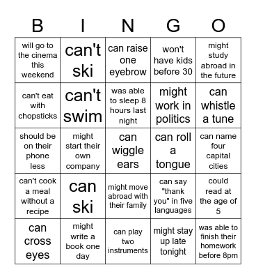 Modal Verbs: Find someone who... Bingo Card