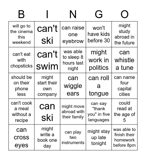 Modal Verbs: Find someone who... Bingo Card