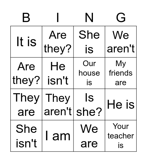 Pronouns / Verb to BE Bingo Card