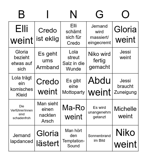 Temptation Island Bingo Card