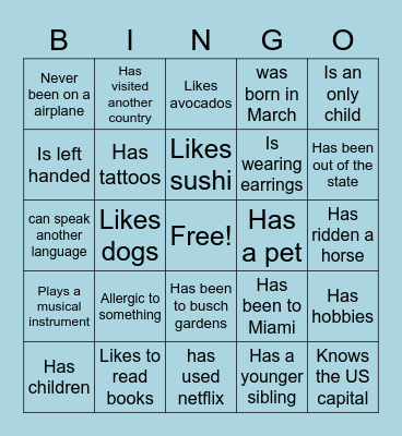 About You Bingo Card
