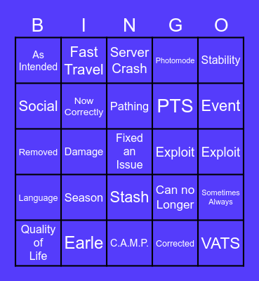 Patch Notes Bingo Card
