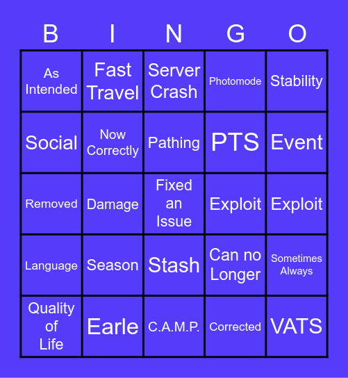 Patch Notes Bingo Card