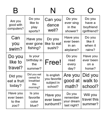 English talking bingo Card