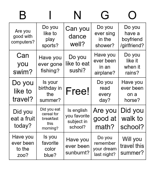 English talking bingo Card
