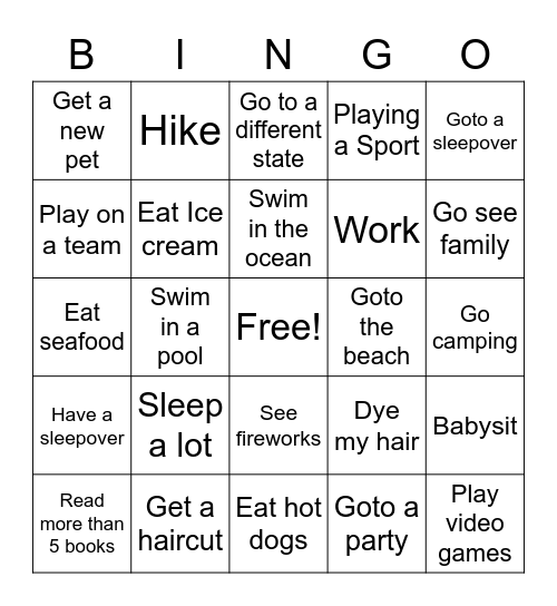 This summer I will Bingo Card