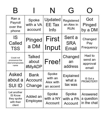 Shadowing Bingo Card