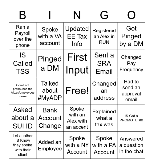 Shadowing Bingo Card