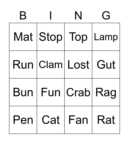 Short Vowels Bingo Card