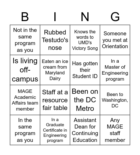 MAGE Orientation Bingo Card