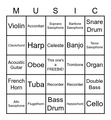 Musical Instrument BINGO! Bingo Card