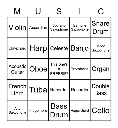 Musical Instrument BINGO! Bingo Card